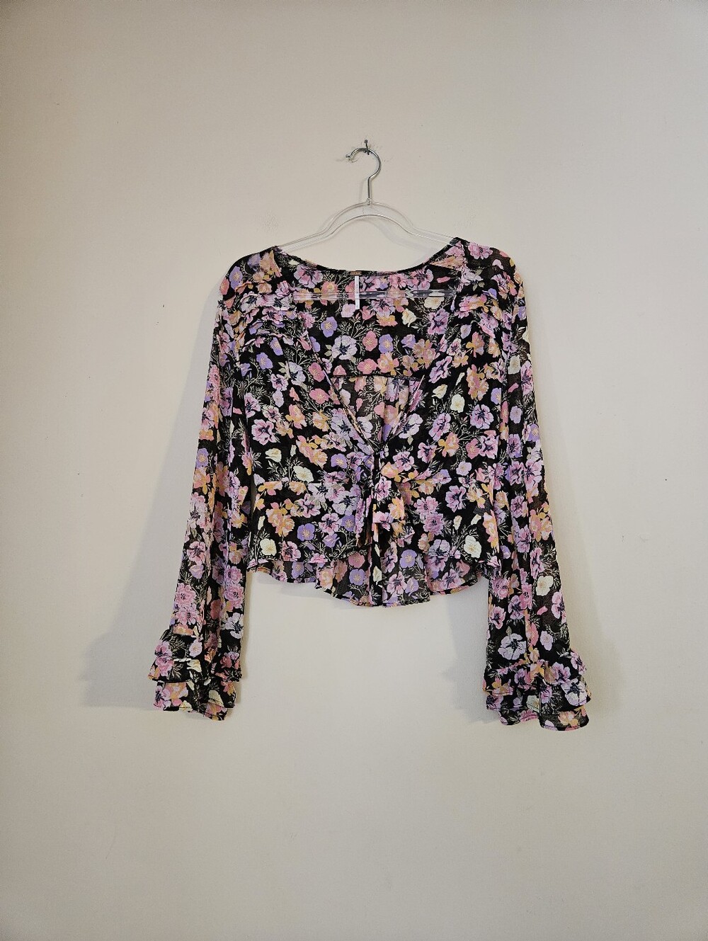 Free People Floral Tie-Front Long-Sleeve Crop Top - Black & Pink, Size XS